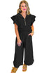 Textured Ruffled Sleeve Zipped Top and Wide Leg Pants Set